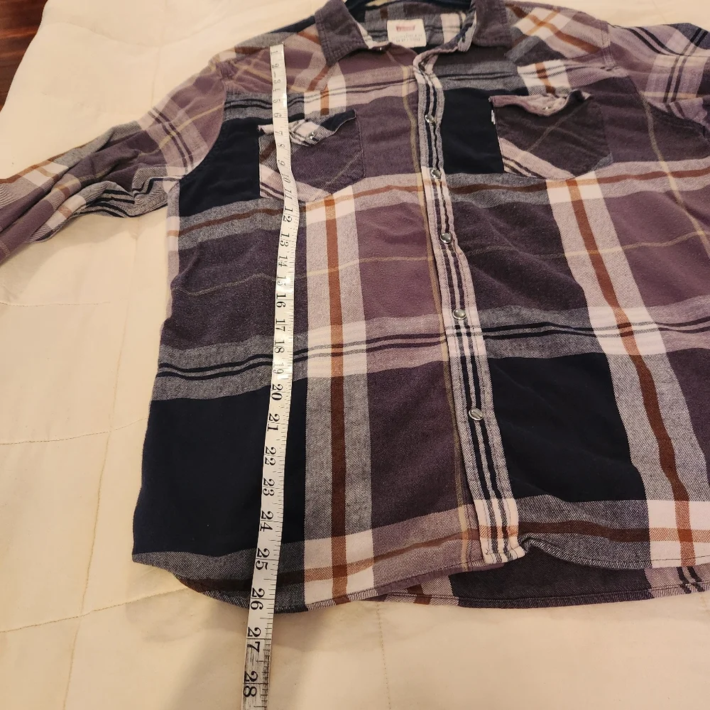 Levi’s Mens Shirt Western Pearl Snap Flannel Black Red Plaid, XL EUC 100% Cotton